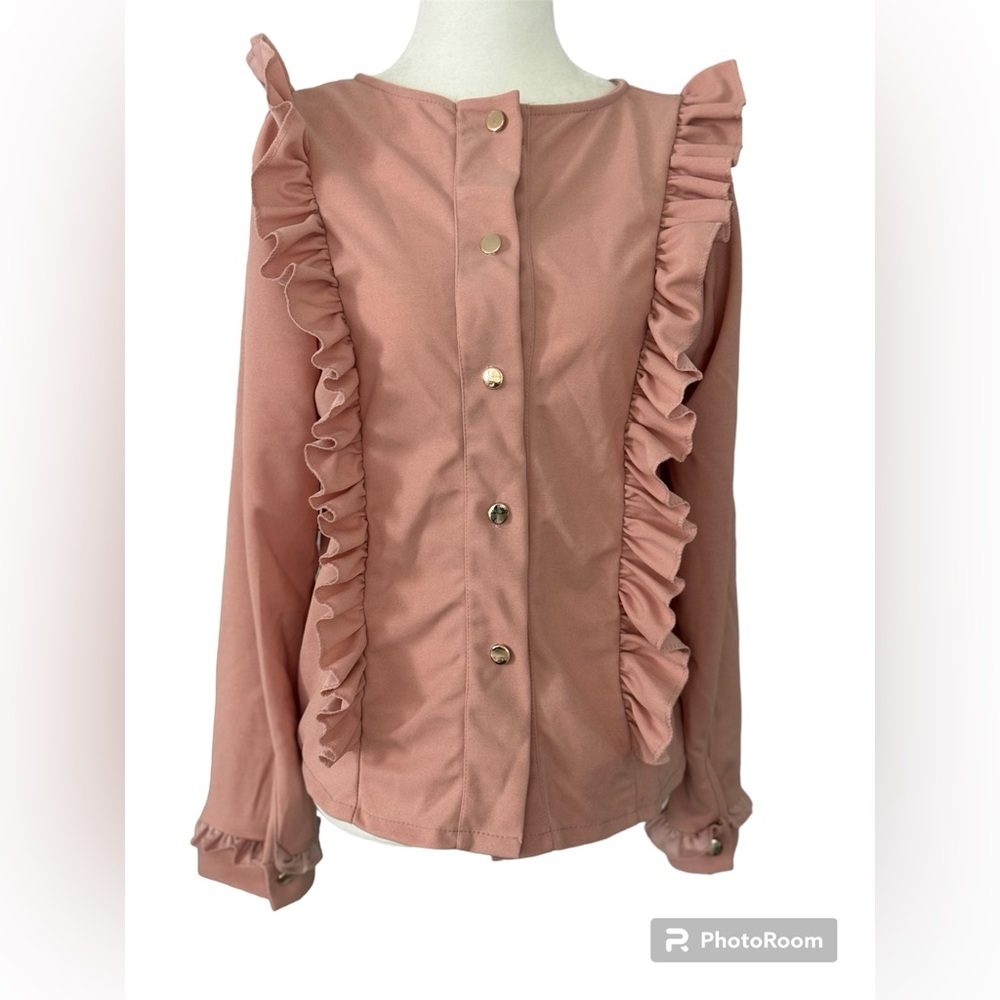 Blush button front blouse with ruffle accents